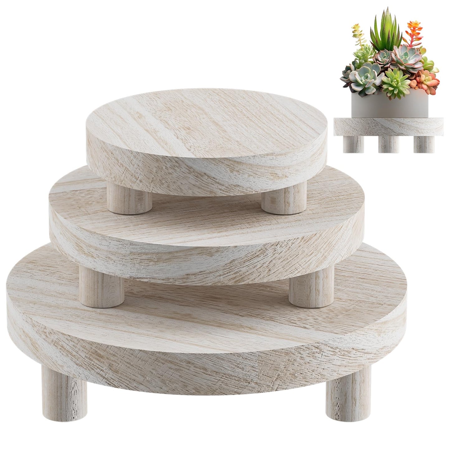 HAWHUV 3 Pcs Wood Plant Stand Indoor Outdoor, Round Wood Riser for Decor 6/8/10" Wooden Stool Display Stand Flower Pot Holder Small Planter Tray Modern Potter Decorative for Desktop Counter Room