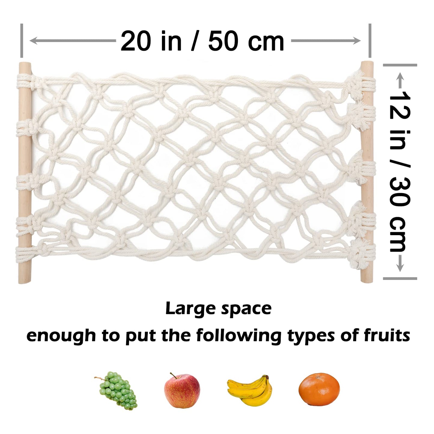 Motarna Hanging Fruit Hammock with Hooks, Hanging Fruit Basket Under the Kitchen Cabinet for Storing Banana Fruits, Hand-Woven Hanging Basket, Valentine's Gifts for Kitchen Décor, Rectangle