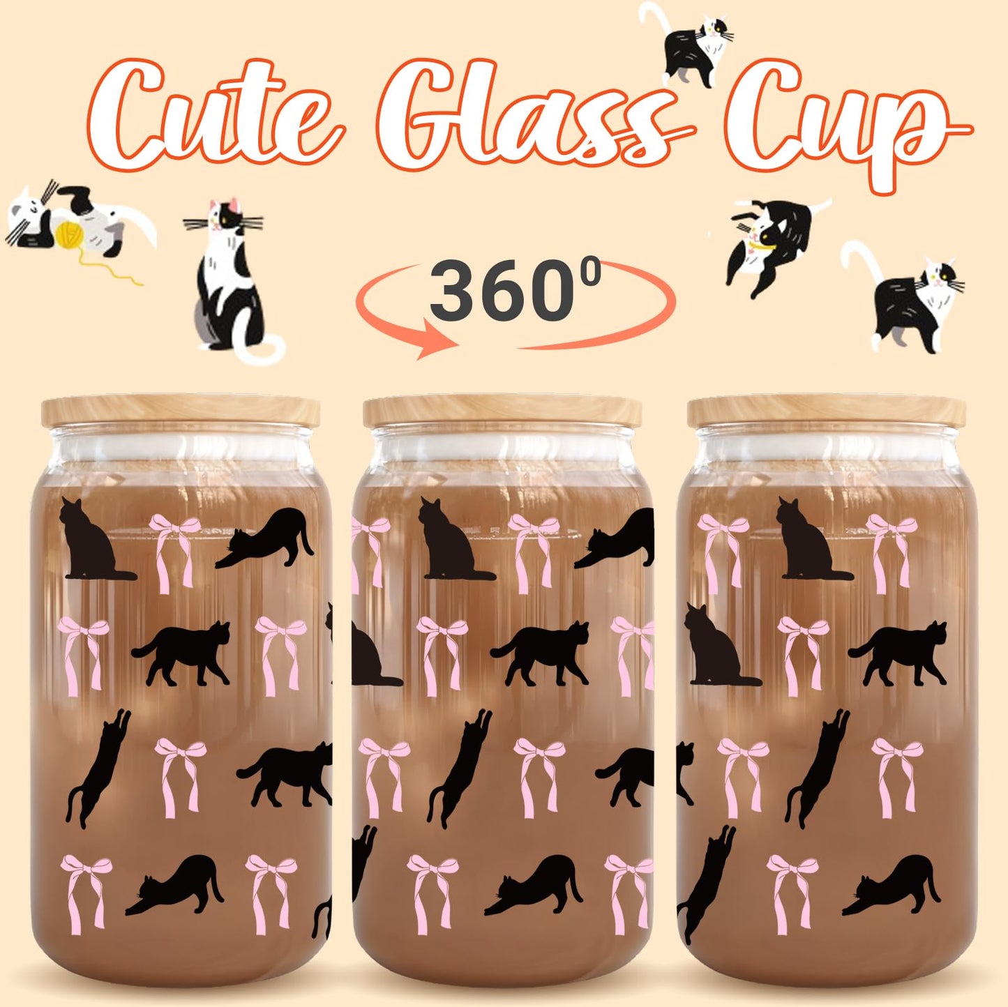 RVEAFA Cute Cat and Bows Iced Coffee Cup Halloween Glass Tumbler Gifts for Women Cat Lovers Gifts for Birthday Halloween Christmas Day, 16oz Glass Cups with Lids and Straw