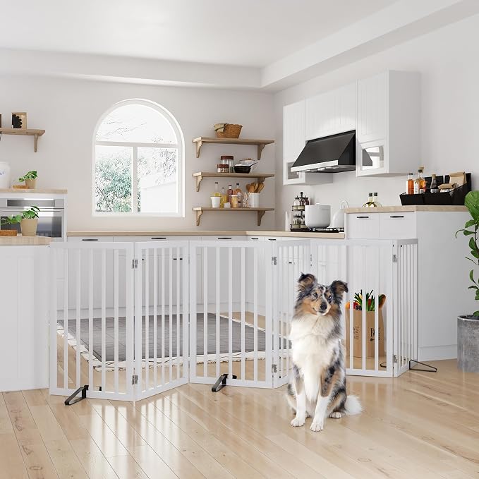 Freestanding Extra Wide Dog Gate Indoor, 6-Panel Wooden Pet Gate with 2 Metal Stands and 360°Hinge, Tall Dog Gates for Doorways, Stairs, Doorways, Kitchen, Foldable Safety Fence, 110"W x 32"H - White