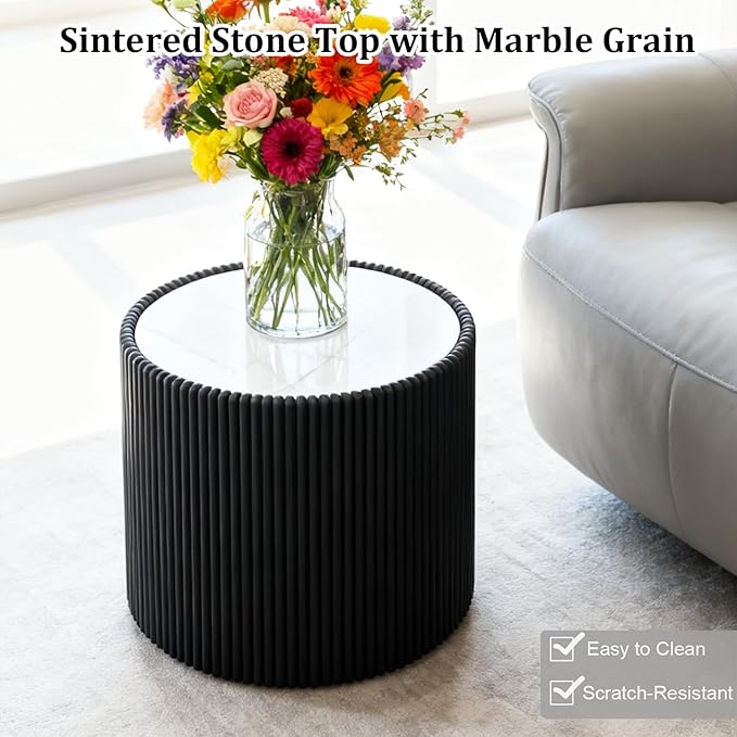 SSLine Round Drum Coffee Table Modern Sintered Stone Top Side End Table in