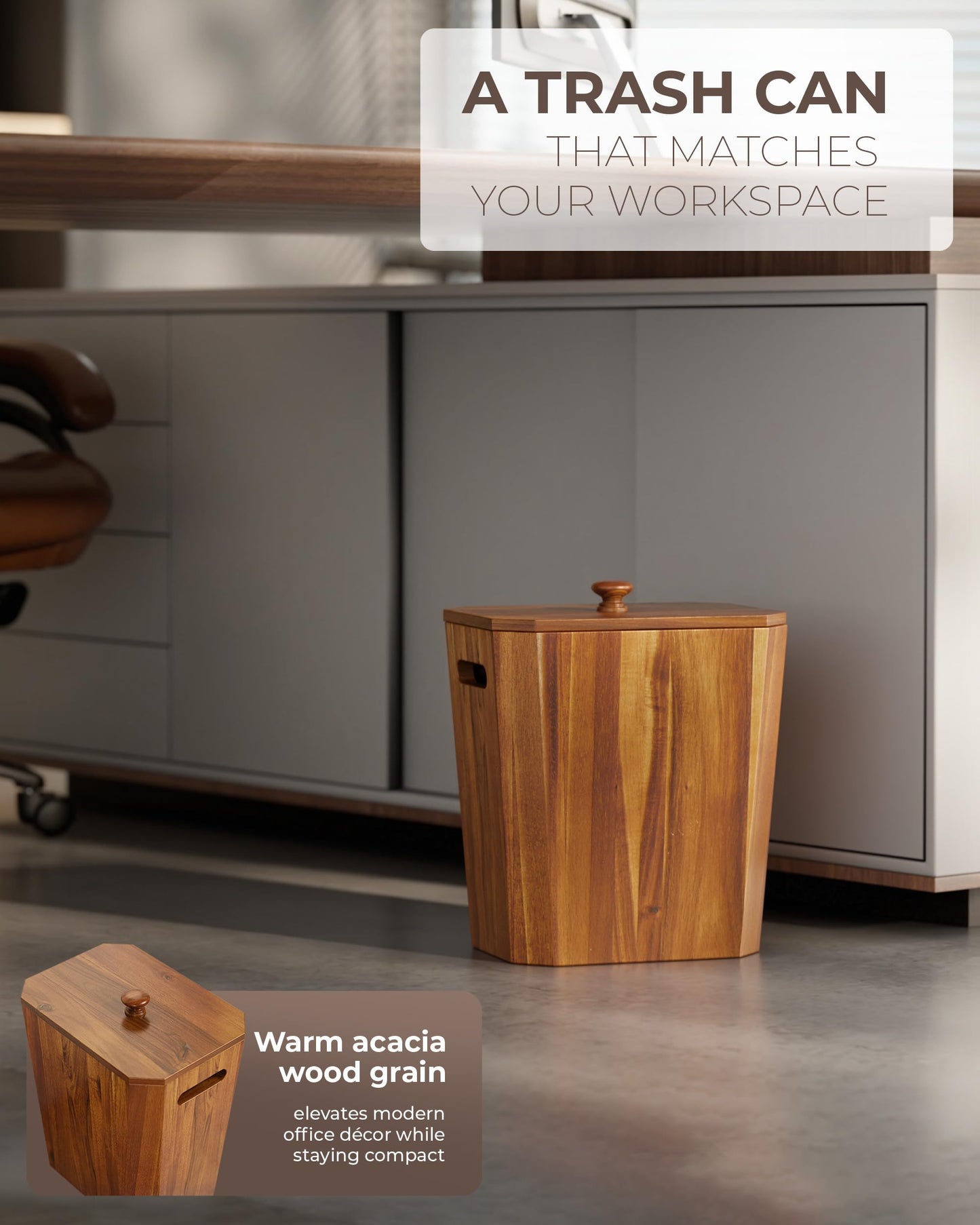 BLUEWEST 2.6 Gallons Acacia Wooden Wastebasket with Lid & PP Liner – Small Trash Can for Bathroom, Bedroom, Office – Decorative Wood Bin with Handle for Under Counter Use