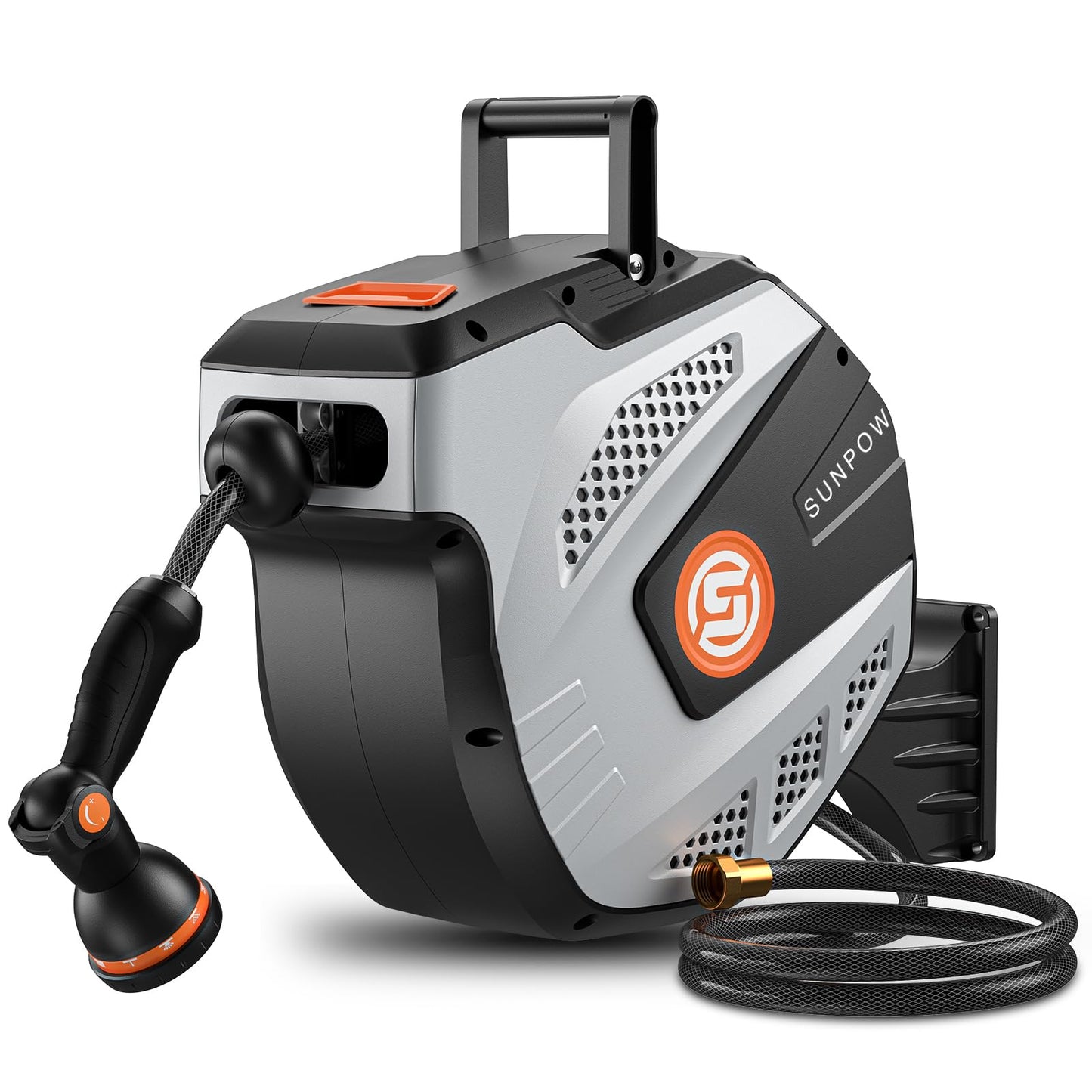 SUNPOW Retractable Garden Hose Reel - 1/2 inch x 115ft Heavy Duty Wall Mounted Hose Reel with 3/4 inch Brass Fitting & 10 Sprayer Nozzle - Any Length Lock, Auto Rewind System, 180°Swivel Bracket- Grey