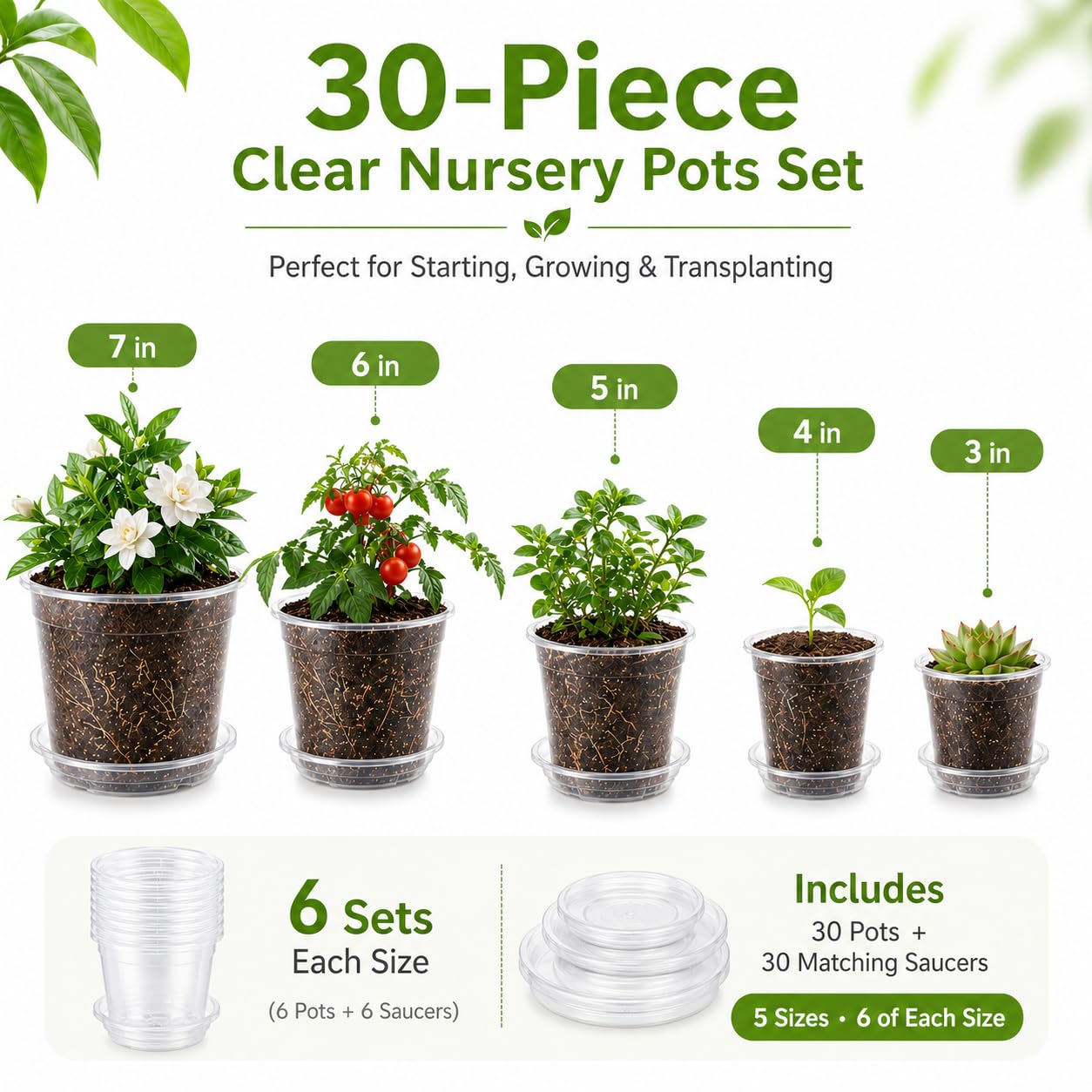 TESSTSY 30 Pack 7/6/5/4/3 Inch Clear Nursery Pots with Drainage and Saucer, Plastic Pots for Planter, Clear Potting Pots for Succulents, Flower, Small Herbs, Indoor Outdoor Gardening