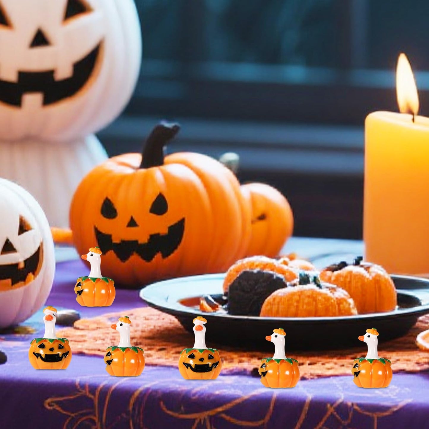 50pcs Mini Small Micro Halloween Pumpkin Goose Figures Bulk, Miniature Tiny Resin Ducks Statues Cute Pumpkin Figurines Decorations for Dollhouse Fairy Garden DIY Craft Party Favors