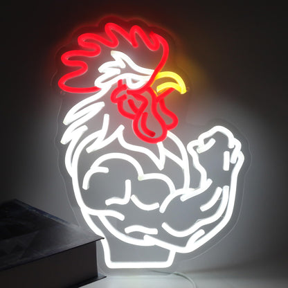Muscular Rooster Gym Neon Sign for Home Gym Decor, Bodybuilding Funny Chicken Led Neon Light for Workout Trainer Room, Farmhouse,Bold Gifts for Game Rooms, and Man Caves