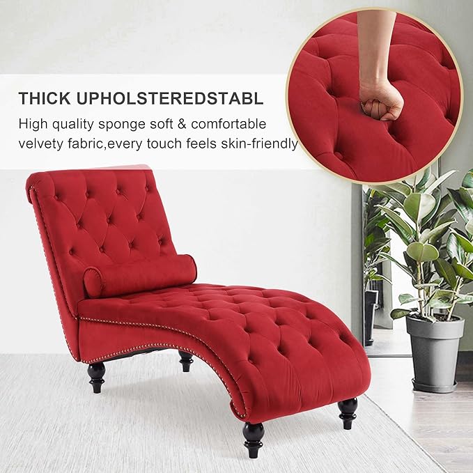 Chaise Lounge Indoor, Velvet Upholstered Lounge Chair Button-Tufted Armless