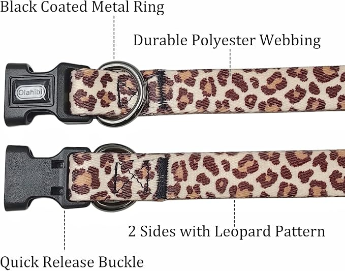 Dog Collar Leash Set, Leopard Pattern, Polyester Material, Adjustable Collar and 5ft Matching Leash, for Large Dogs.(L, Light Coffee Leopard)