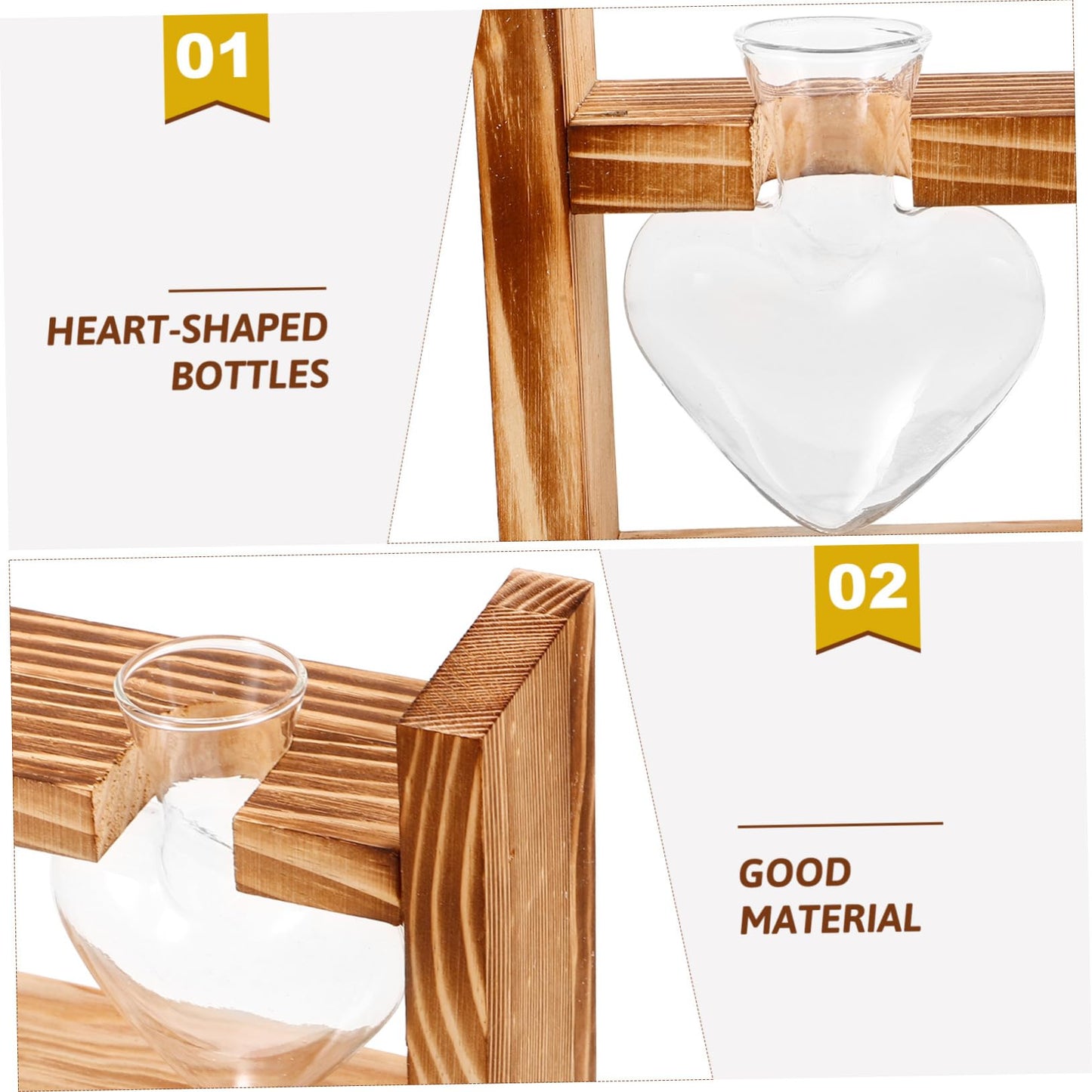 ORFOFE Heart Shape Hydroponic Terrarium Vase with Wooden Stand Glass Plant Holder for Indoor Gardening Stylish Desktop Water Planter for Home Decor