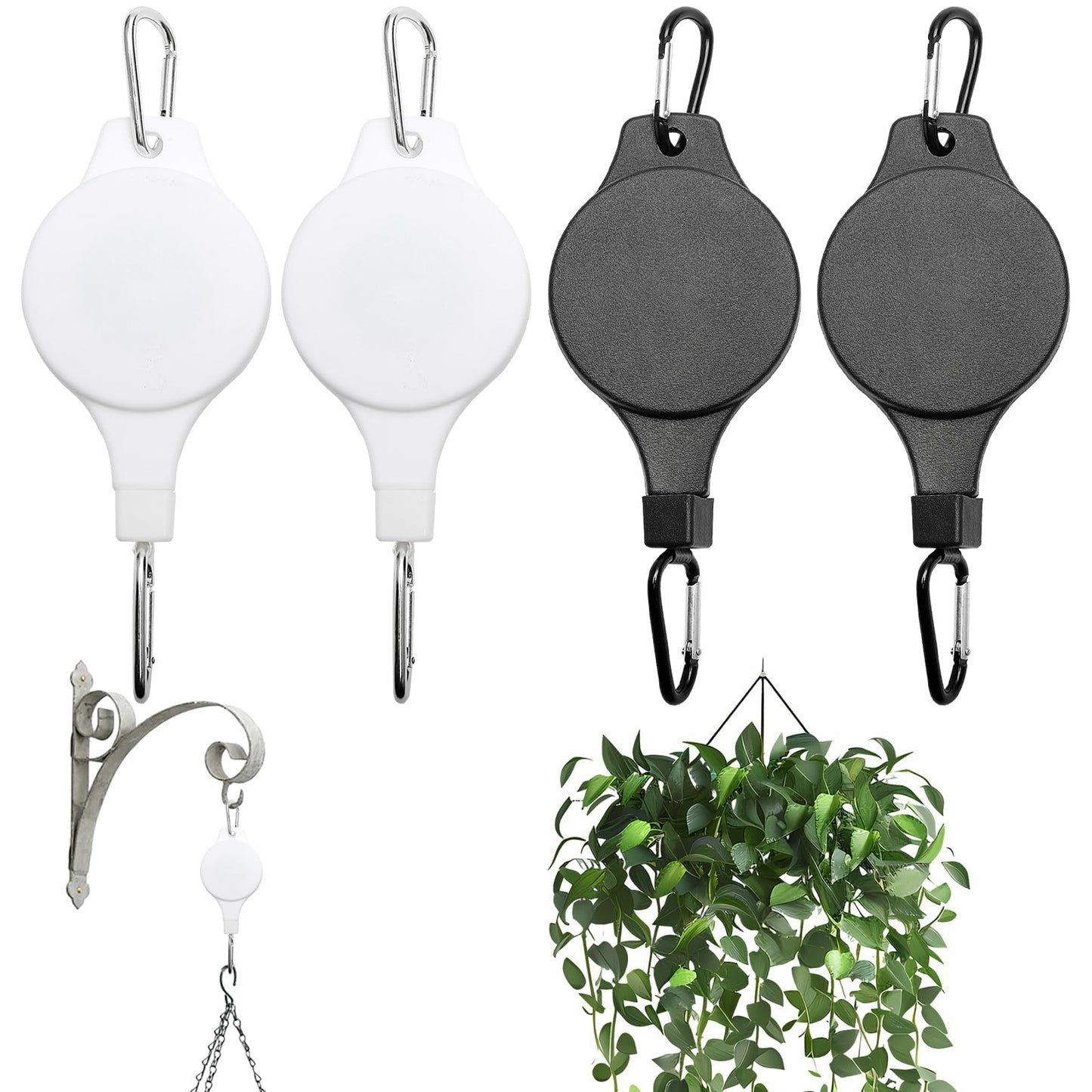 Muomdid 4-Pack Retractable Plant Hanger, Adjustable Height Plant Pulley Hook for Indoor Outdoor Hanging Baskets, Flower Pots, Bird Feeders, Black & White