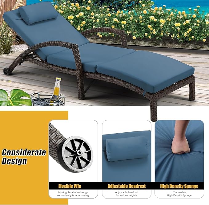 HOMREST Chaise Lounge Chairs Set of 4, PE Rattan Wicker Recliner, Patio Lounge