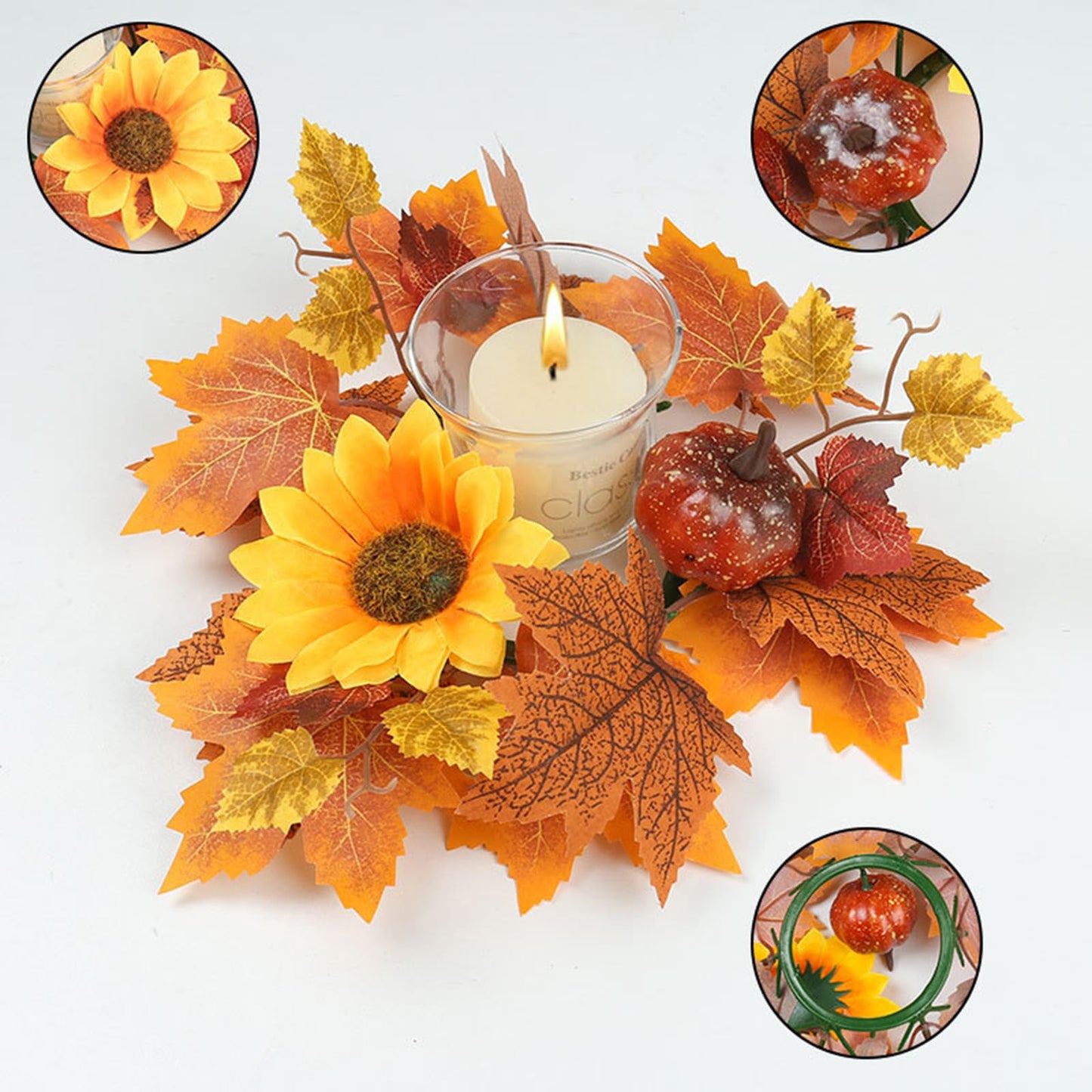 2 Pieces Fall Candle Rings Wreaths, Artificial Flower Maple Leaf Pumpkin Thanksgiving Candle Holders for Party, Thanksgiving Candle Garland Home Table Decorations