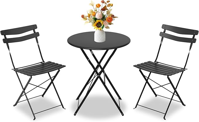 GarveeLife 3 Piece Patio Bistro Set, Folding Patio Bistro Table and Chairs Set