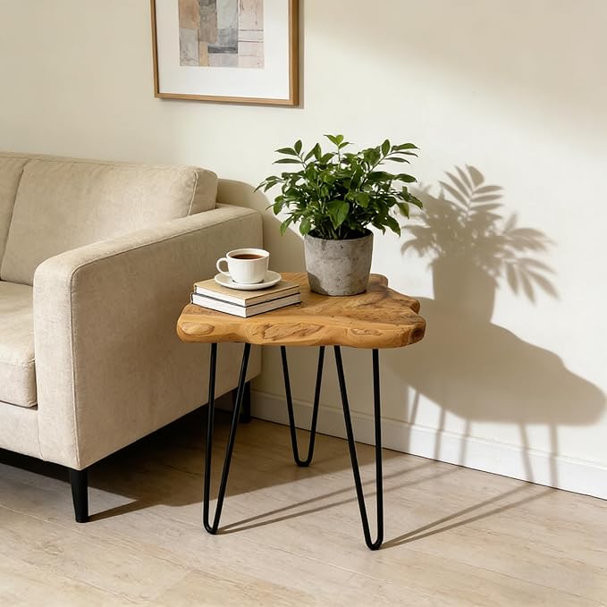 Rustic Solid Wood Live Edge Style End Table, Natural Wood Side Table