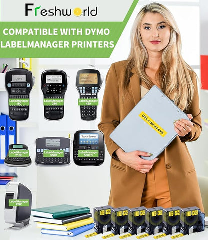 FreshWorld 3X a45018 Replace for Dymo D1 Label Tape Label Maker Refill Black on Yellow S0720580,1/2 Inch x 23 Ft Compatible with DYMO COLORPOP LabelManager 160 210D 260P 280 360D 420P 450D Duo