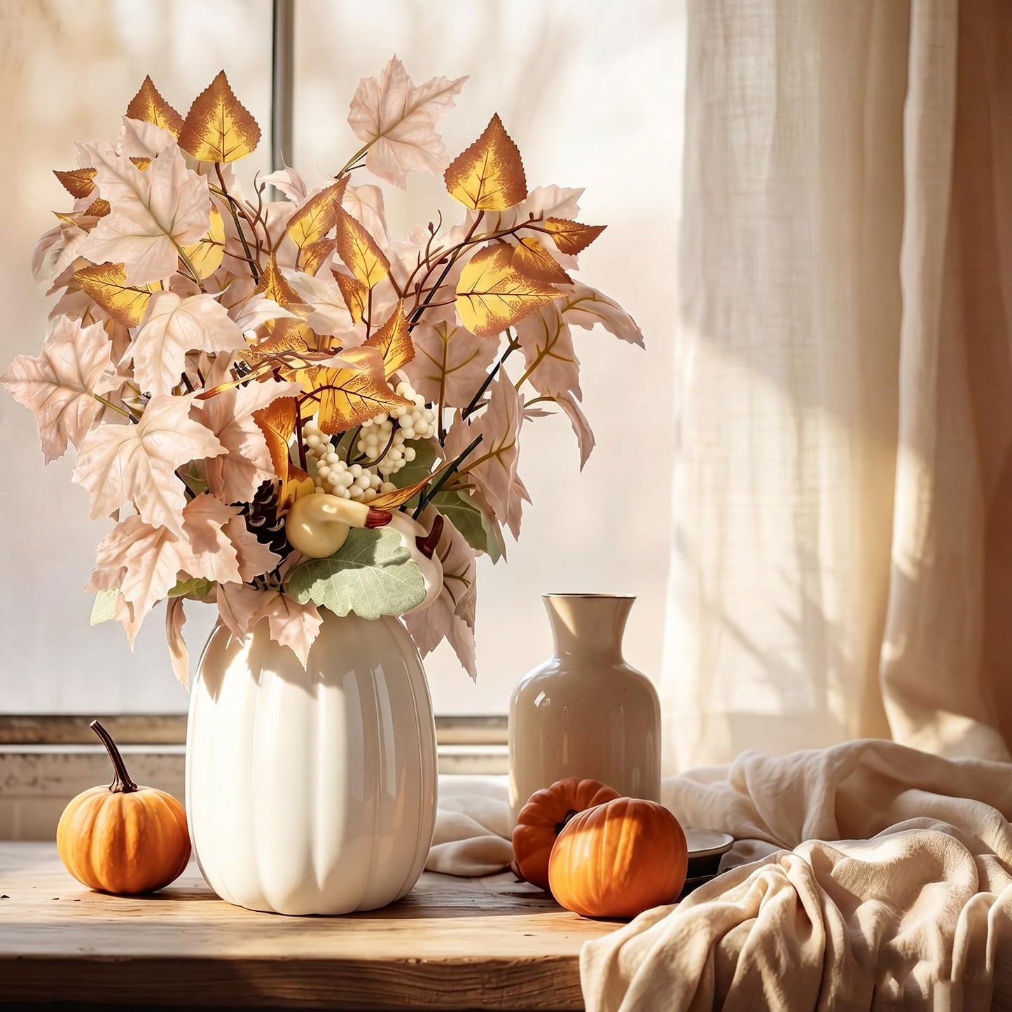 Beeveer Fall Table Centerpieces White Ceramic Pumpkin Vase Decor with Artificial Maple Leaves and Berries Thanksgiving Harvest Home Decor