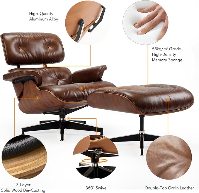 Top Grain Leather, Mid Century Chaise Lounge Chair and Ottoman, Reading Chair