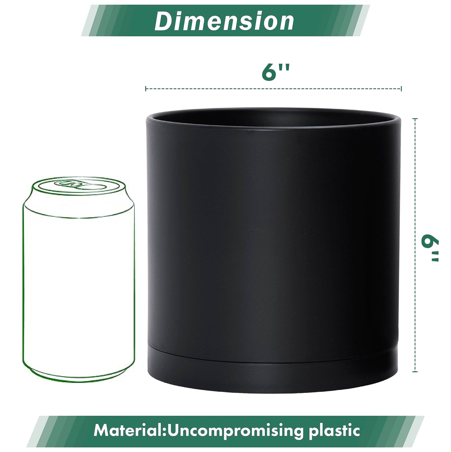 D'vine Dev 2 Pack 6 Inch Modern Plastic Plant Pots, Small Garden Planters for Plant with Drainage Holes and Saucers, Black Color, 74-Y-J-1