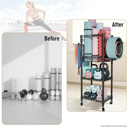 FUTASSI Home Gym Storage, 3 Tiers Workout Equipment Organizer with Wheels for Yoga Mats, Foam Roller, Dumbbells, Kettlebells, and Resistance Bands