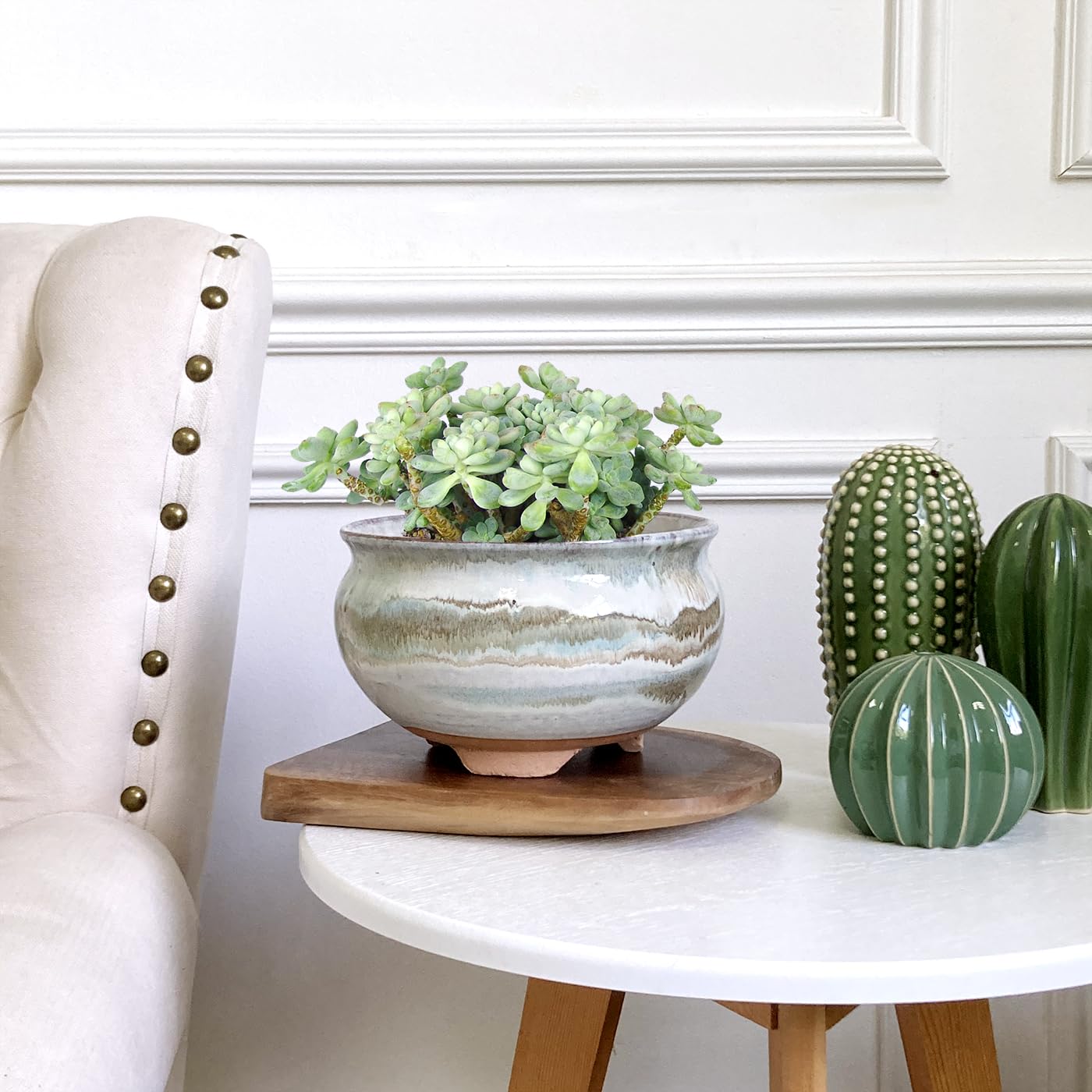 Summer Impressions 8 Inch Succulent Pot with Drainage and Saucer Glazed Terracotta Round Ceramic Succulent Planter Cactus Bonsai Plant Pot (Gream)