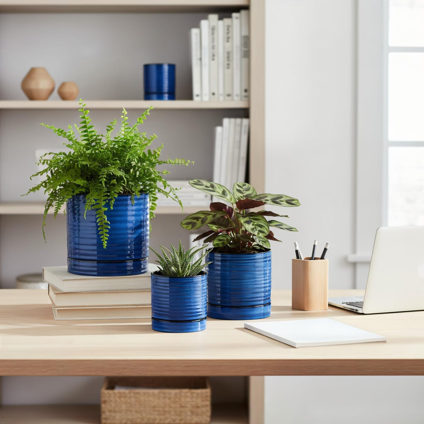 HASENSE 3 Piece Ceramic Plant Pots, 8/6/4.6 Inch, Indoor Pot for Plants with Drainage Holes and Saucer, Modern Flower Planter for Home Office, Rective Glaze Blue