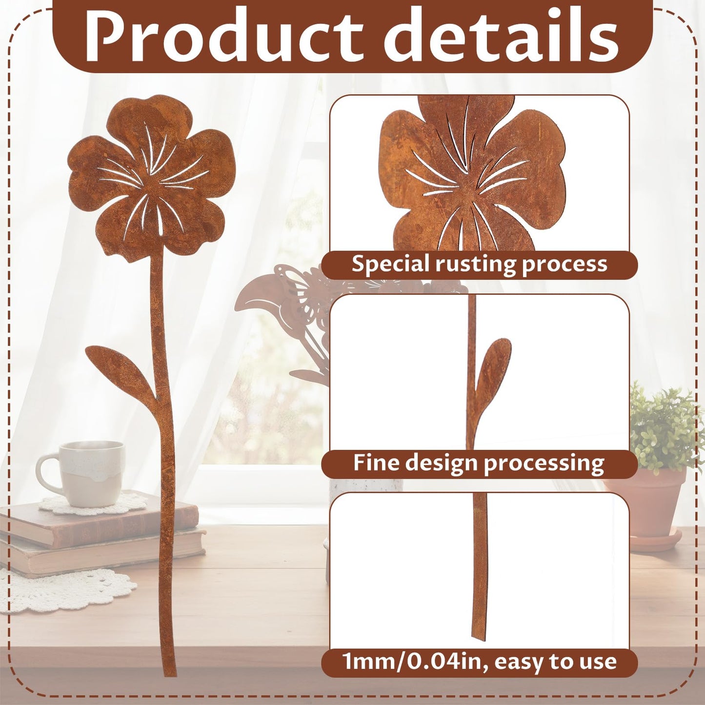 Otoolling 10 Pcs Rusty Metal Flowers and Plants, Rusty Rustic Metal Flowers Signs for Outside Yard Art Gift for Yard Decorative Garden Stakes Potted Plants Walkway and Garden