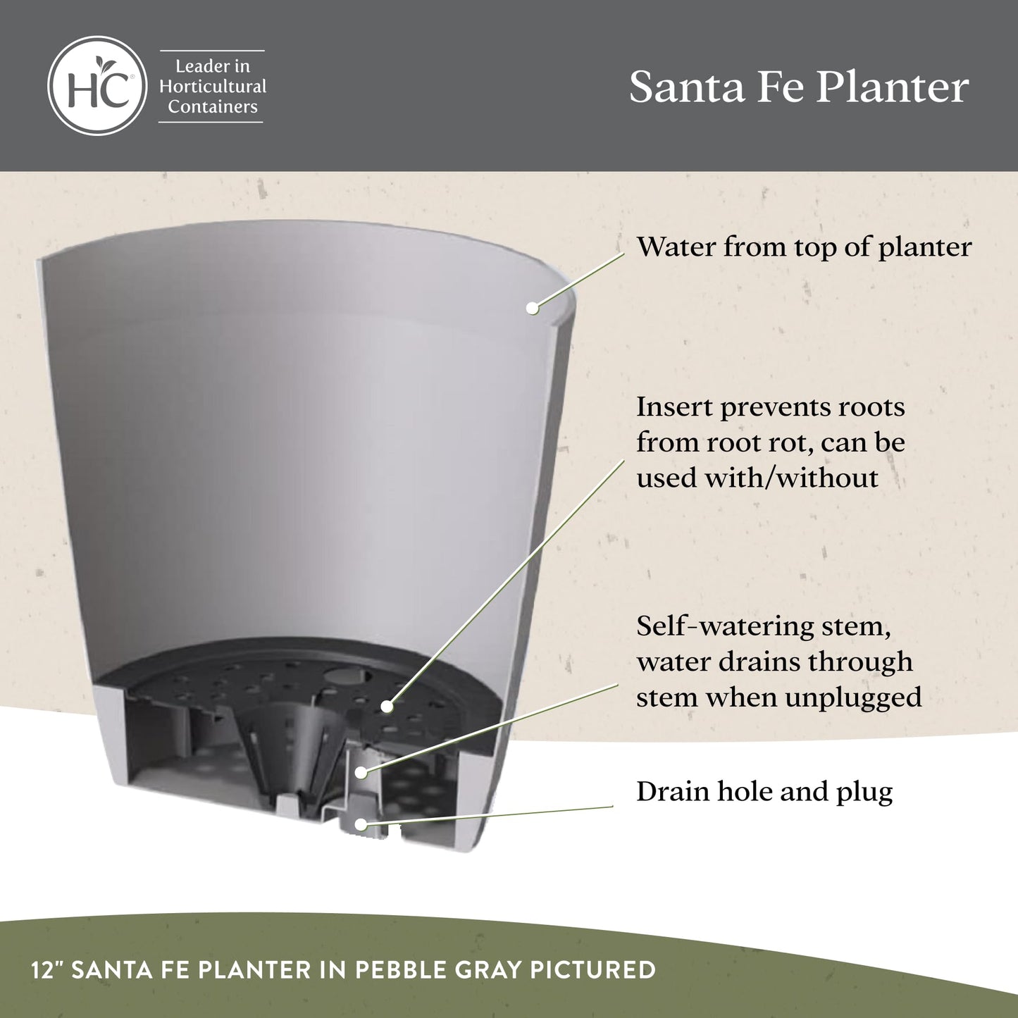 The HC Companies Santa Fe Round Self-Watering Pot - Lightweight Plastic Planter for Herbs & More - Durable Plant Pots for Indoor Plants & Outdoor Plants (12” Pebble Gray, Pack 2)