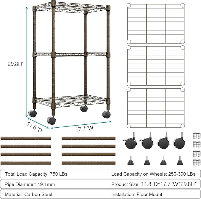 M MZG 3 Tier Shelf Metal Storage Shelves Wire Rack Closet Organizers with Wheel for Garage Kitchen Bathroom Laundry Brown 11.8" D x 17.7" W x 29.8" H