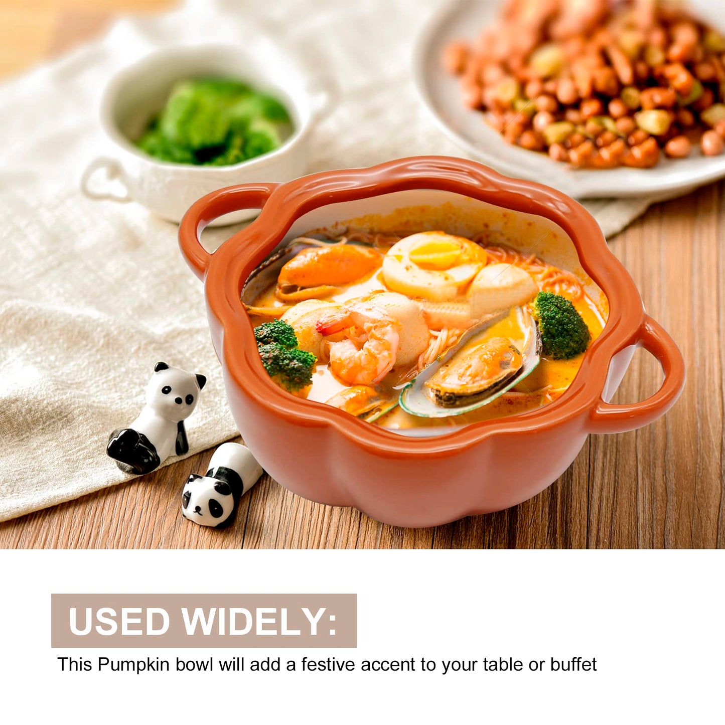 LIDSCURA 15 Oz Orange Ceramic Pumpkin Soup Bowl with Lid, for Halloween & Thanksgiving Soup Serving, Oven Safe Ceramic Stew Pot Pumpkin Shape Storage Jar, Double Ear Pumpkin Dessert Bowl for Tableware