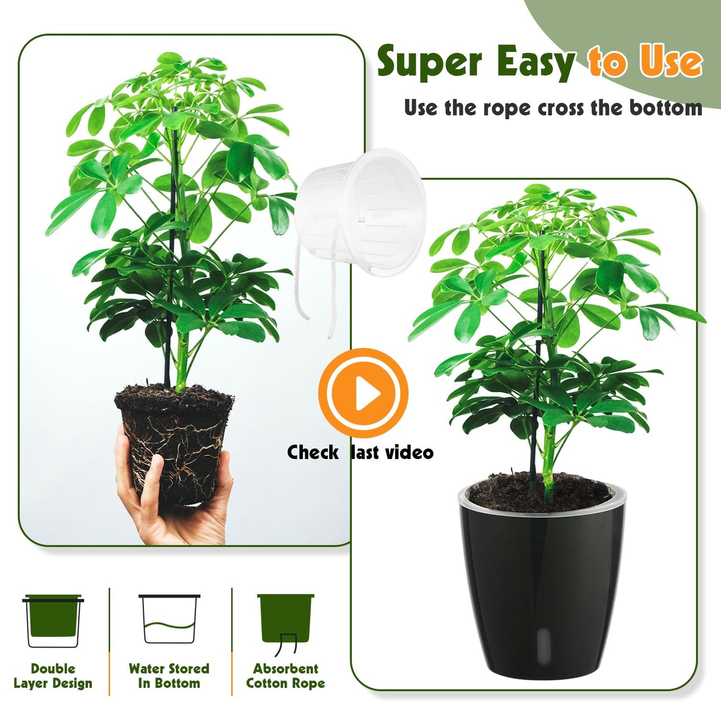 KvyusFlourish Self Watering Pots for Indoor Plants, 6-Pack 5'' Self Watering Planter with Drainage Holes, Small African Violet Pots with Water Indicator, Clear Wick Orchid Pot, Black