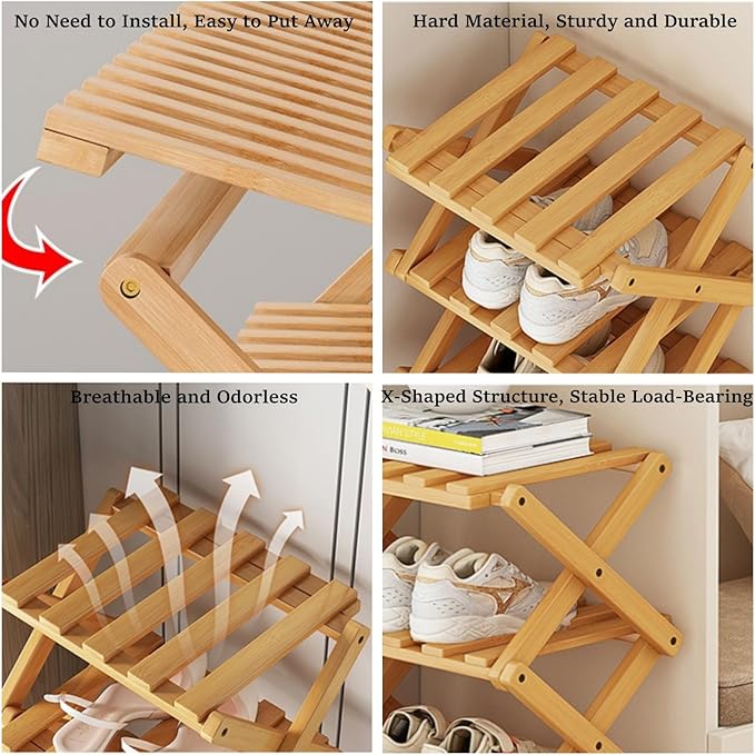 Foldable Shoe Rack, Bamboo Vertical Shoe Organizer Tall