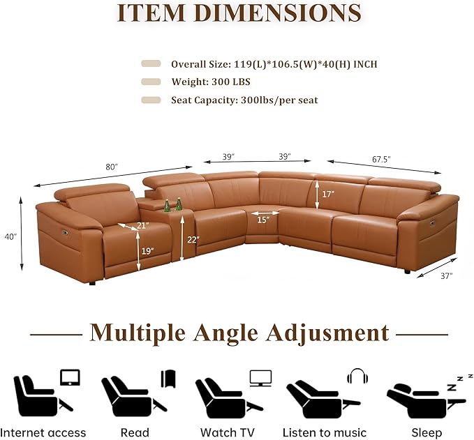 Power Recliner Sectional Sofa, L-Shaped Living Room Furniture Set, Light Brown