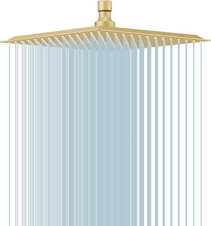 BESy 10 Inch Rain Shower Head, 10" Square Rainfall & High Pressure Stainless Steel Bath Showerhead, 1/16" Ultra Thin, Waterfall Full Body Coverage with Silicone Nozzle, Brushed Gold