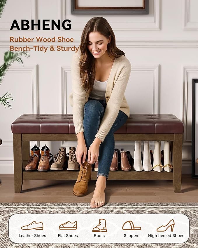 ABHENG Solid Rubber Wood Shoe Bench, Easy-Clean PU Upholstered Seat, 770LB Load