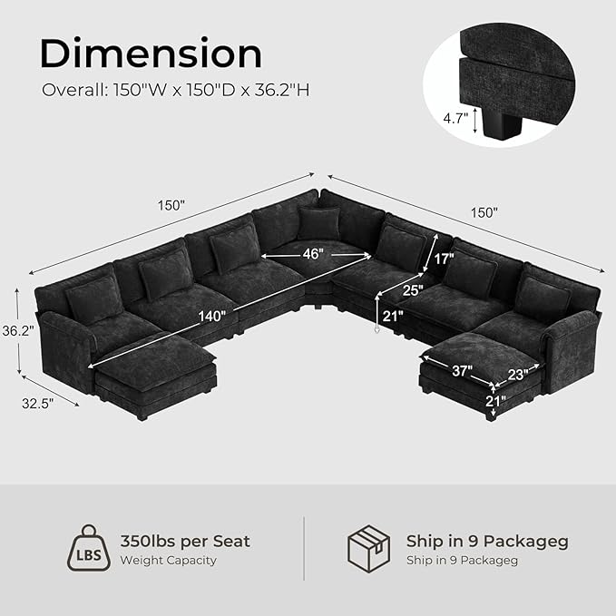 ELUCHANG 150" Oversized V-Shaped Cloud Couch Modular Sectional Sofa