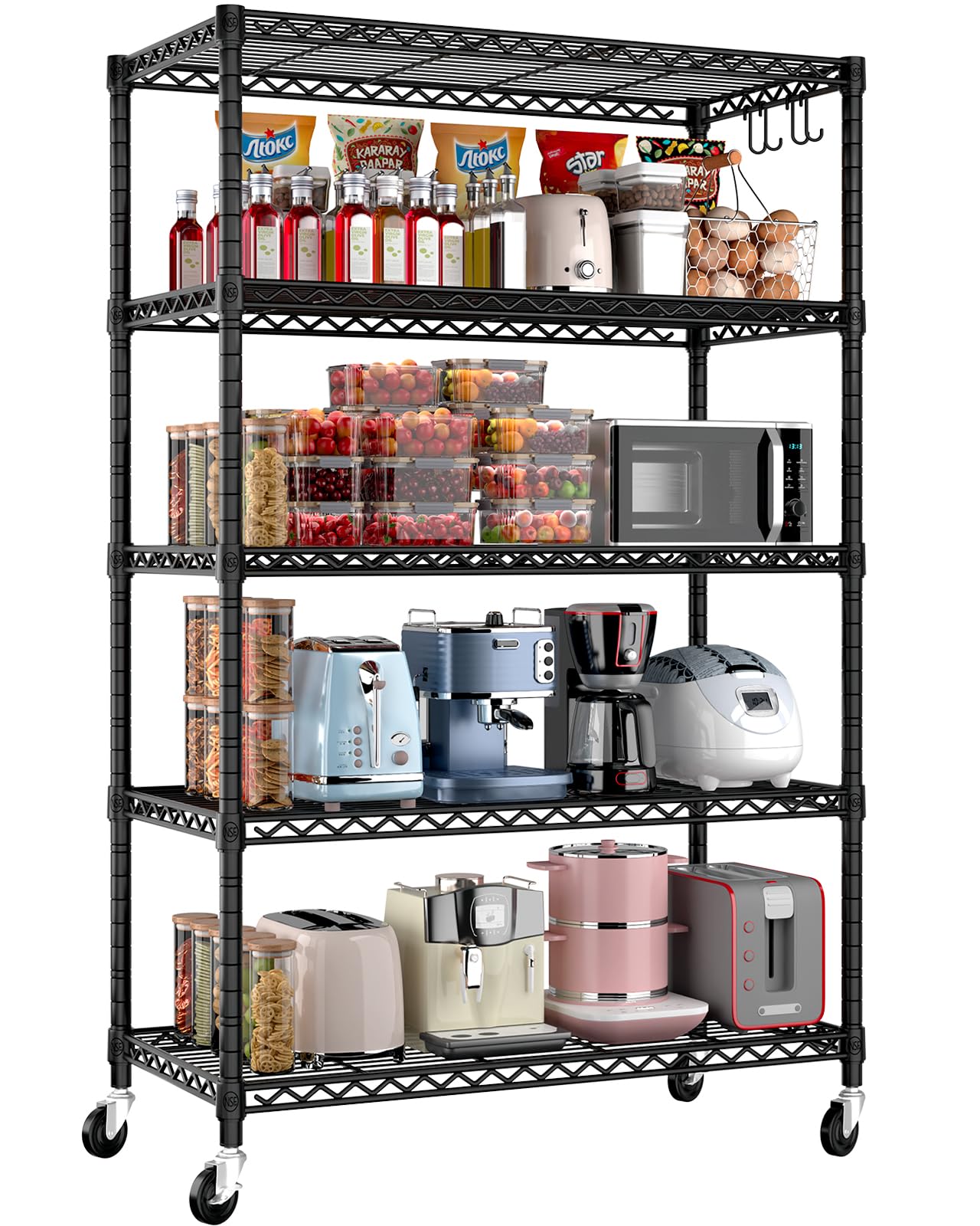 PrimeZone 36" W x 16" D x 79" H Wire Storage Shelves with Wheels, 5 Tier NSF Certified Heavy Duty Adjustable Kitchen Shelving Unit, Pantry Organizer Rack Rolling Metal Shelf for Garage Closet Bathroom
