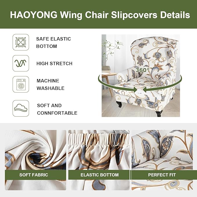 HAOYONG Wing Chair Slipcovers Printed Wingback Chair Covers 2 Pieces Wingback