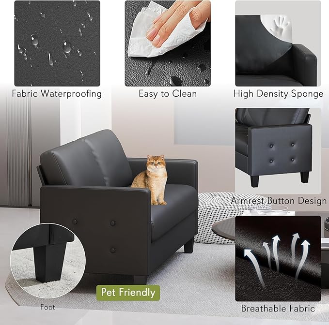 STHOUYN 59” Black Faux Leather Sofa Couch, Modern Comfy Office 2 Seater Couch