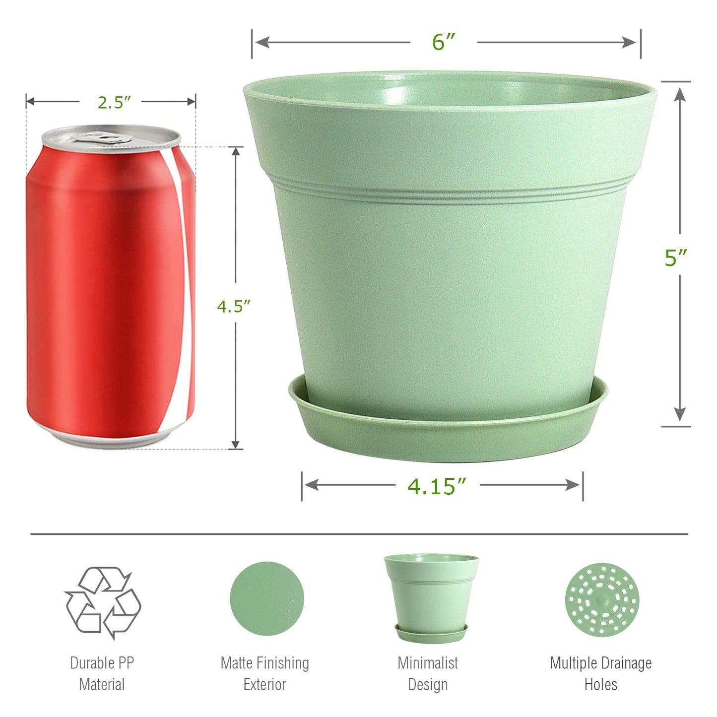 WOUSIWER 16 Pack 6 inch Plastic Planters, Plastic Indoor Planter Flower Pots, Heavy Duty and Stylish 6 Inch Plant Pots for Indoor Plants with Drainage Holes and Tray for Plants Flowers, Green