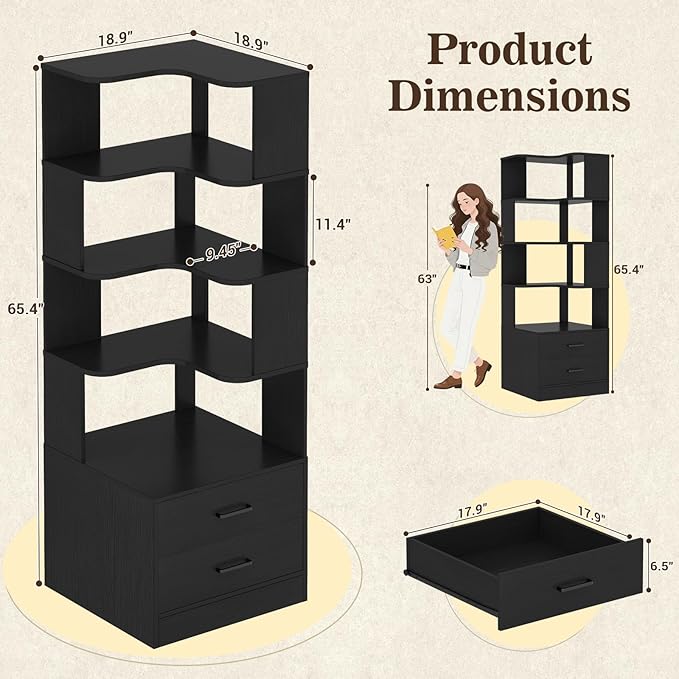 Armocity Corner Bookshelf with Drawers, 7 Tier Corner Book Shelf Display