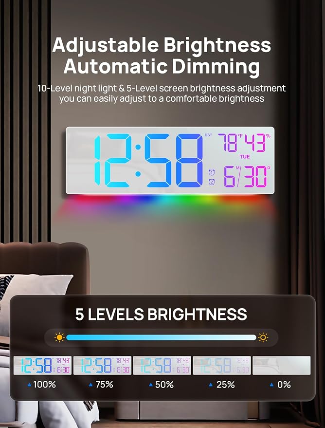 18.5" Large Digital Wall Clock with Remote Control, Big LED Display Digital Clocks with Night Light, Alarm, DST, Temp, Date for Living Room, Bedroom, Office, Classroom, Gifts for Seniors(White)