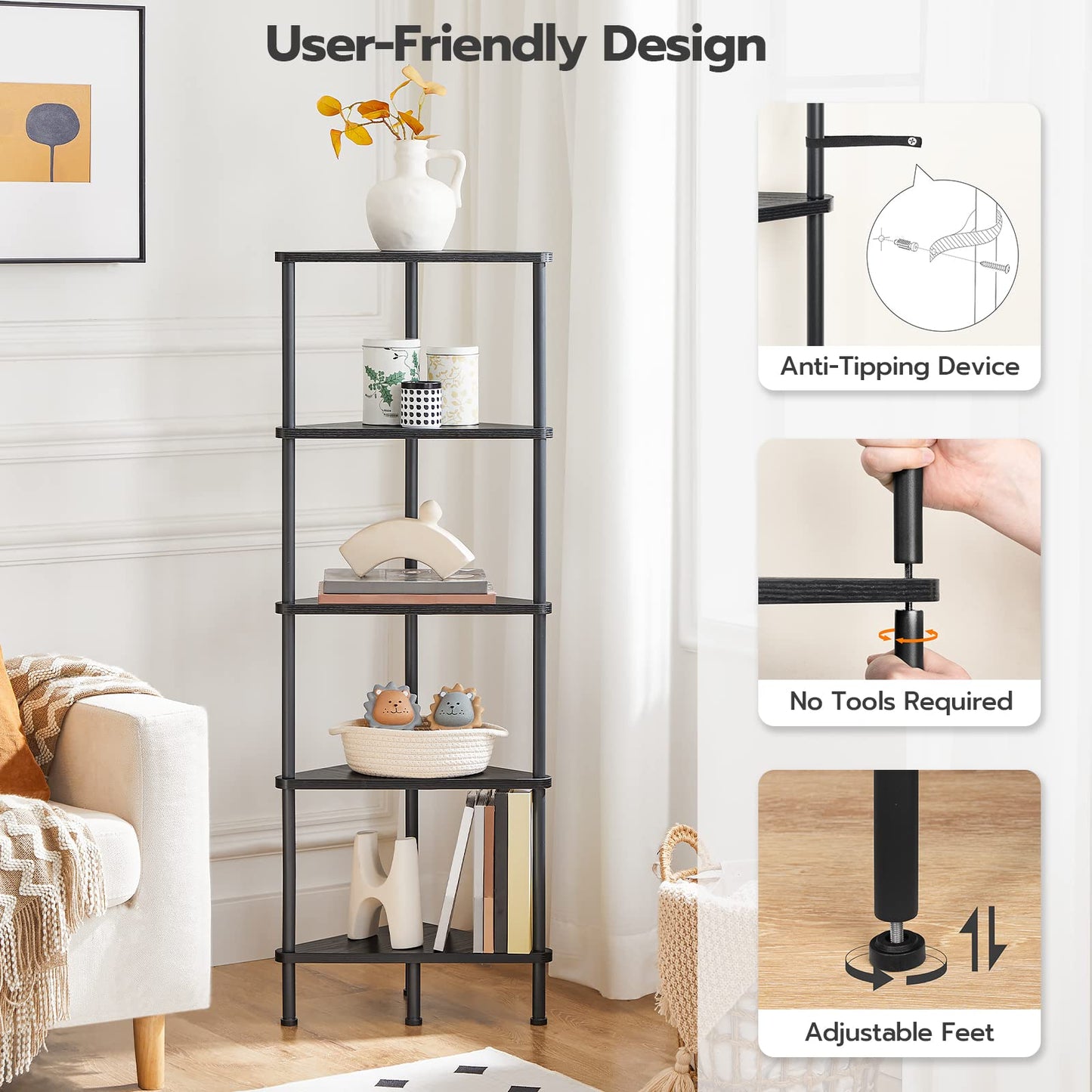 HOOBRO Corner Shelf Stand, Industrial 5-Tier Wall Corner Bookshelf with Metal Frame, Plant Display Shelf, Bookcase for Small Spaces, Bedroom, Living Room, Black BK33CJ01