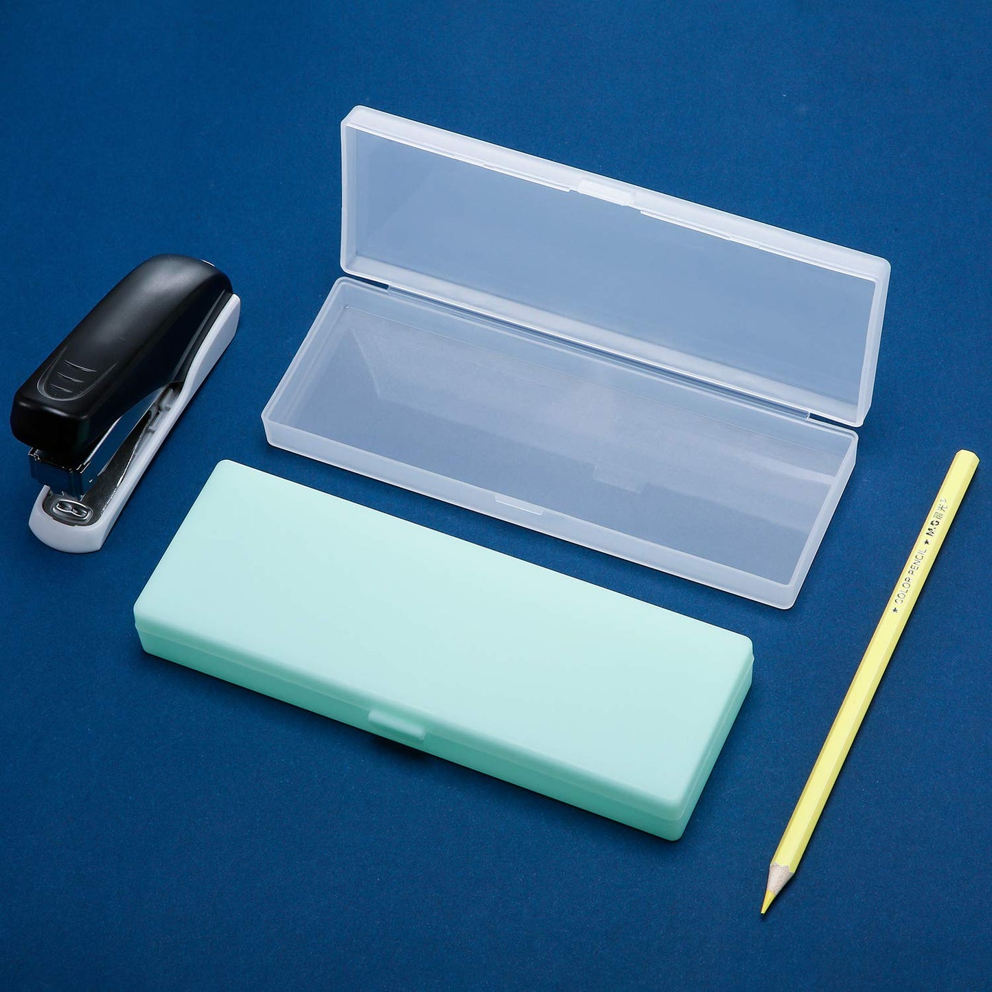 Chinco 4 Pieces Plastic Pencil Case Plastic Stationery Case with Hinged Lid and Snap Closure for Pencils, Pens, Drill Bits, Office Supplies (Black, Pink, White, Green)