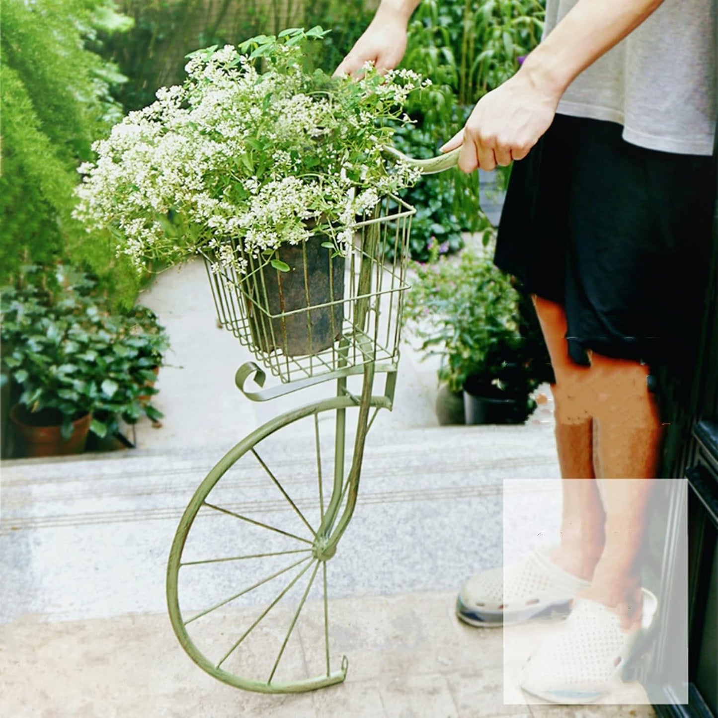 Asiwnshw Plant Stand Indoor Outdoor, Metal Bicycle Plant Shelf Flower Pot Holder Display Racks, Wrought Iron Planter Rack Organizer for Garden Patio Lawn Balcony(Green)