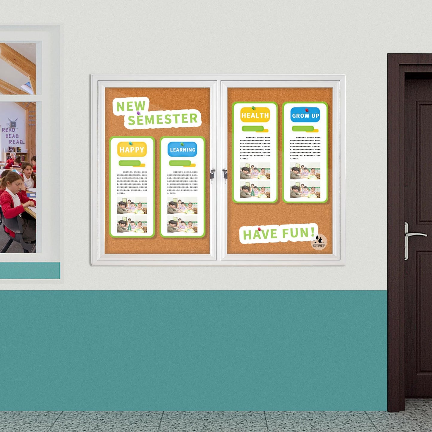 Lockable Outdoor Enclosed Bulletin Board, Weatherproof Cork Noticeboard with Locking Door, Wall-Mounted Aluminum Framed Display Case for Messages (Silver Frame & Cork, 44x32 in)