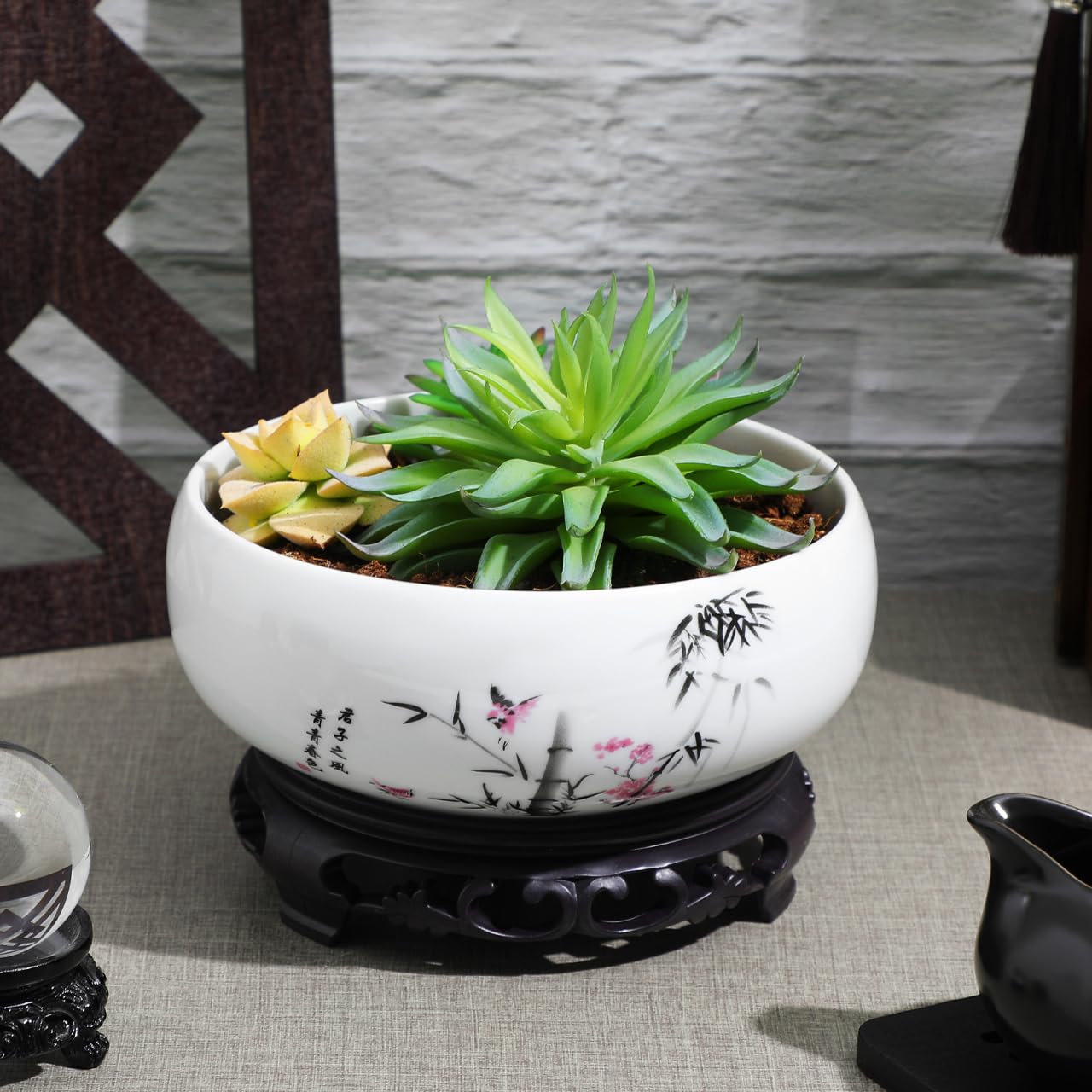 DOITOOL Lotus Bowl Planter, 6.9 Inch Water Lily Bowl Chinese Style Ceramic Lotus Planter, Bonsai Flower Water Lily Pot Hydroponic Pot with Plastic Base