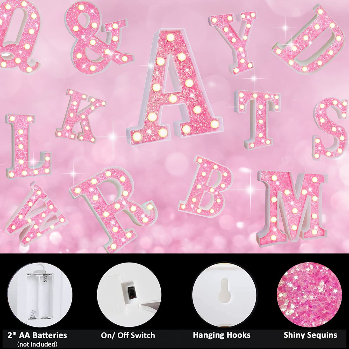 Pink Light Up Letters, Glitter Alphabet Letter Sign LED Marquee Letter Lights Battery Powered for Night Light Girls Bedroom Birthday Party Wedding Home Christmas Decorations Gift for Her-Pink I