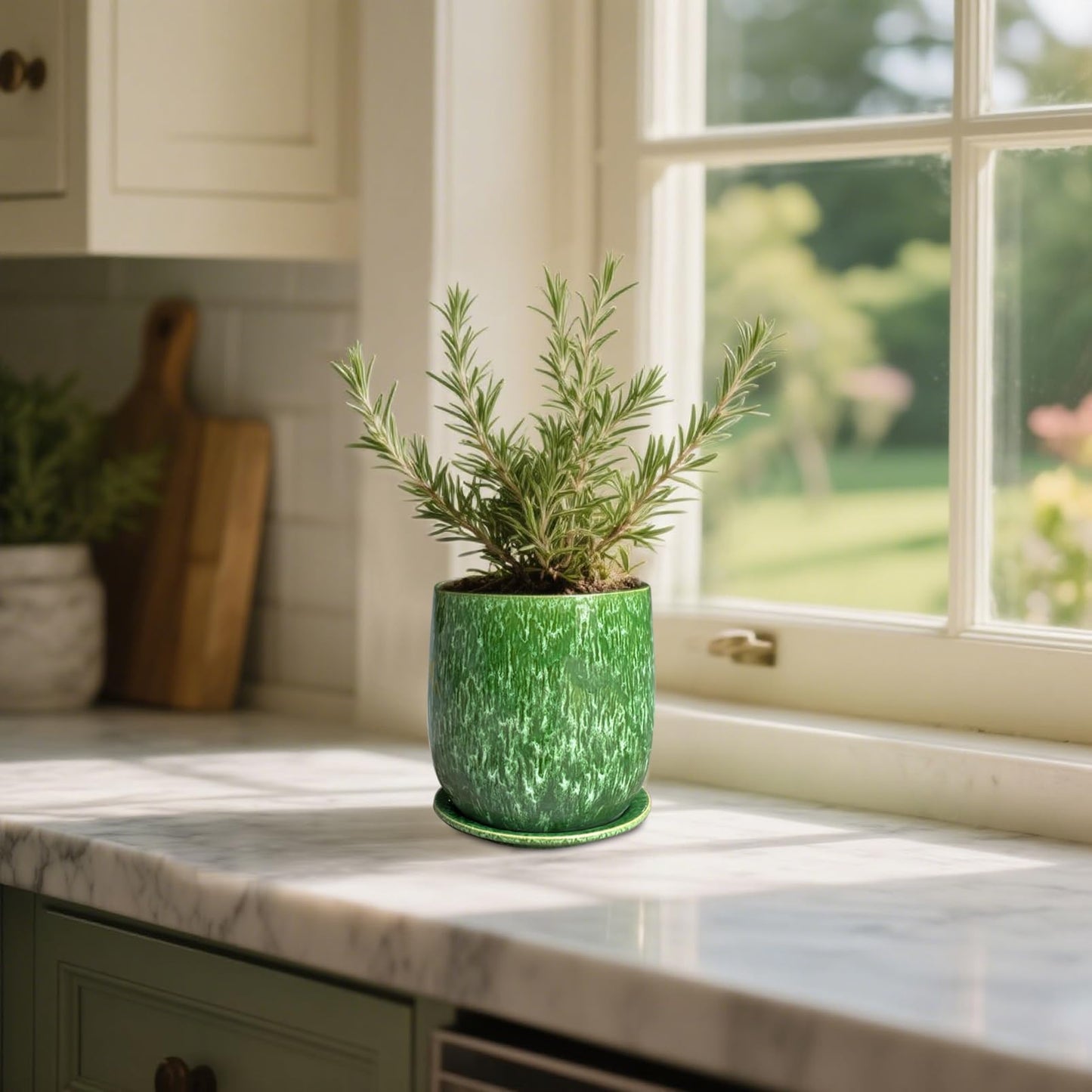 Chralji GIFTWARE 6 in Ceramic Plant Pot with Saucer，Indoor Plant Pot for Plants, Flower Pot with Drainage，Reactive Glaze Green