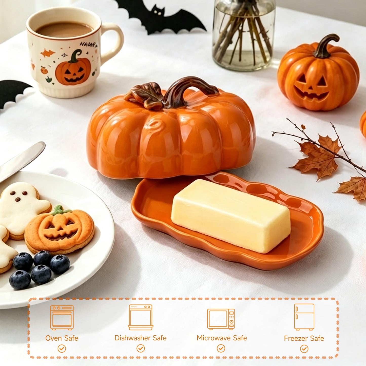 FTNESGYM Butter Dish with Lid for Countertop, Ceramic Cute Pumpkin Butter Container, Serving Tray with Cover, Decor Dinnerware for Halloween Thanksgiving Pumpkin Party (Orange)