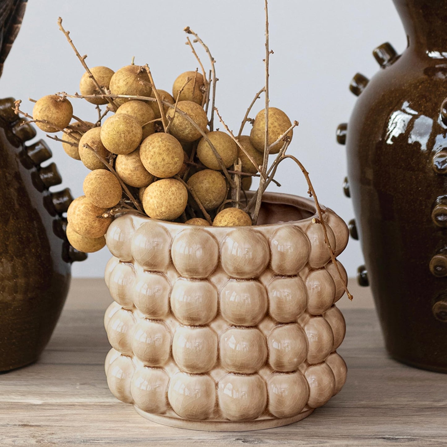 6 Inches Round Stoneware Planter with Raised Dots, Holds 4 Inches Pot, Tan